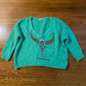 Chantal B. Green Western V-Neck Sweater with Longhorn Graphic